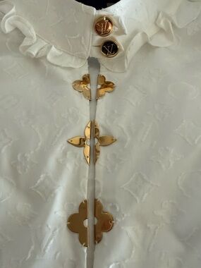 Louis Vuitton White Jacquard Shirt with Navy Label and Gold Threading